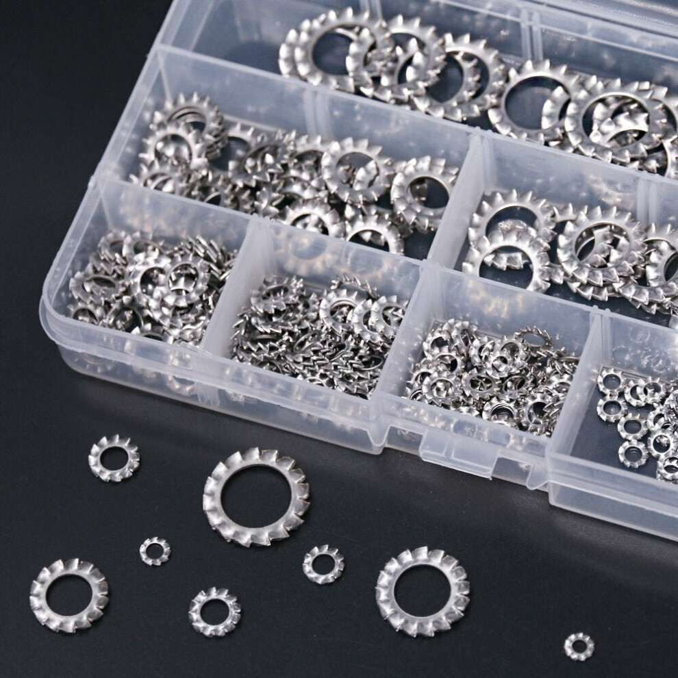 300Pcs 304 Stainless Steel External Tooth Lock Washers Anti-loosening Washer M2.5-M12 Assortment Kit