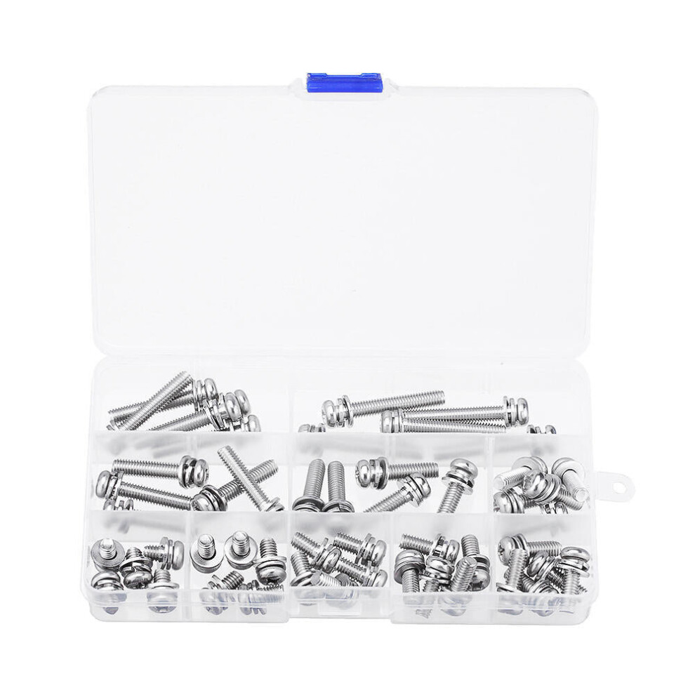 50Pcs M6 Stainless Steel 10-40mm Phillips Pan Head Machine Screw Washer Bolt Asortment