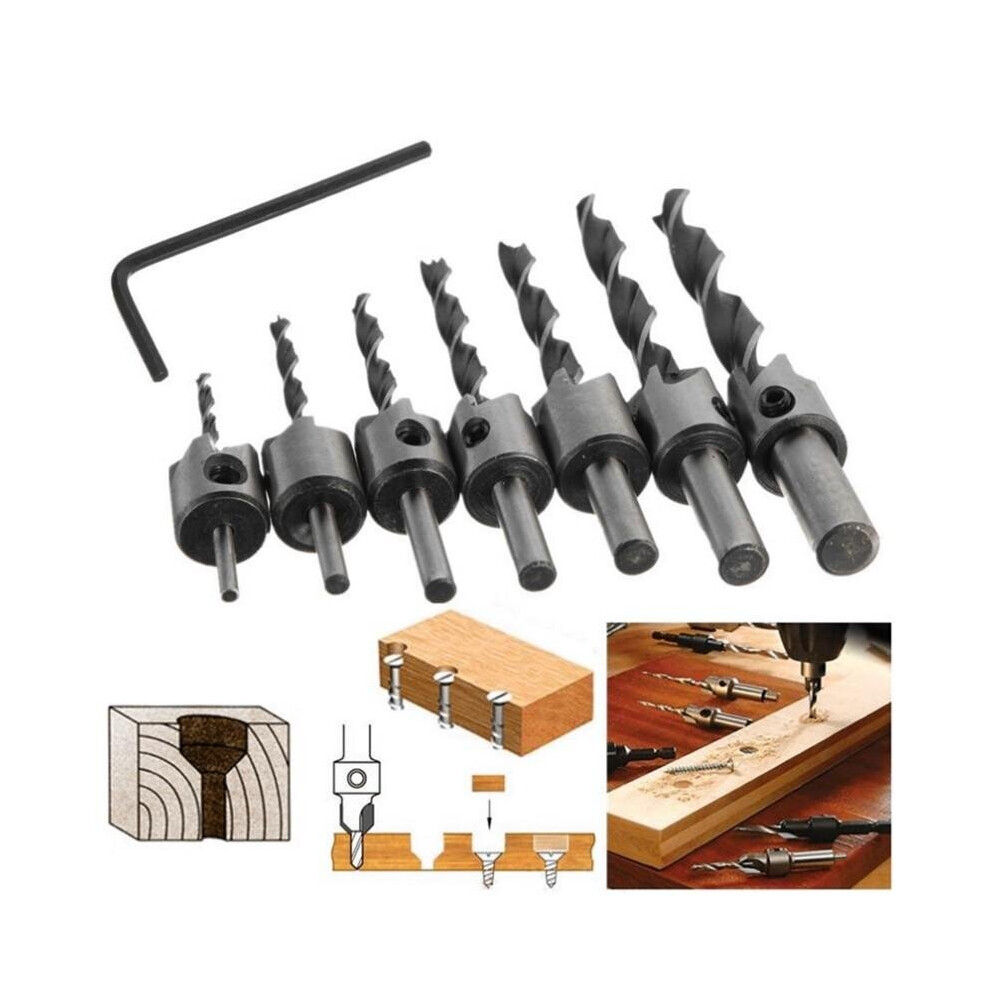 7pcs 3mm-10mm 5 Flutes Countersink Drill Bit Set HSS Carpentry Reamer Woodworking Chamfer