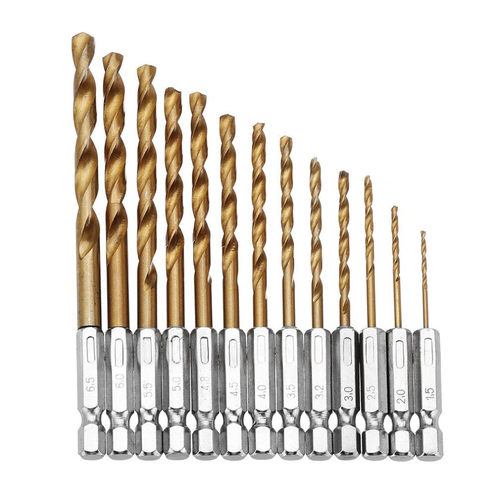 13Pcs 1.5-6.5Mm Hss Titanium Coated 1/4 Inch Hex Shank Twist Drill Bit Set 3654659363855