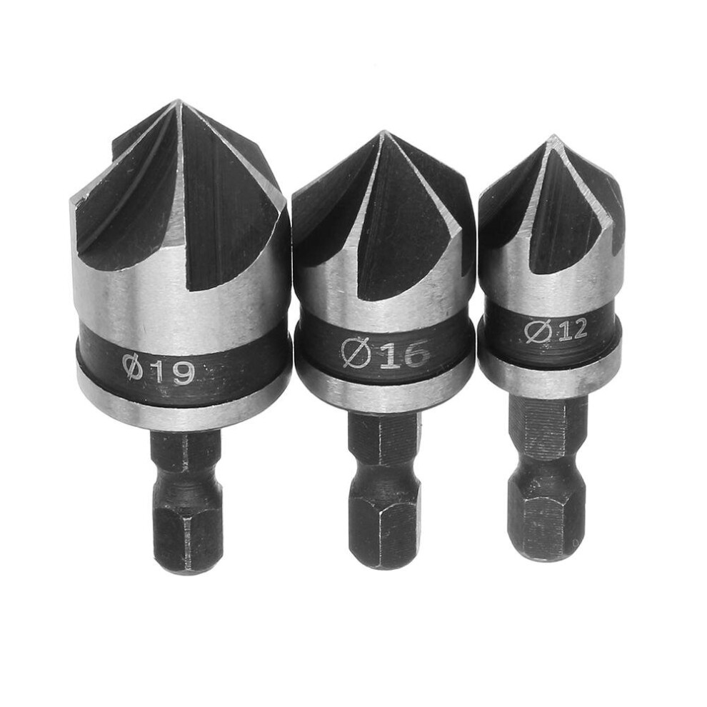 (Black) 3pcs/Set 5 Flutes 90 Dgree Chamfer Cutter 1/4" Shank 12/16/19mm Countersink Drill Bit Kit