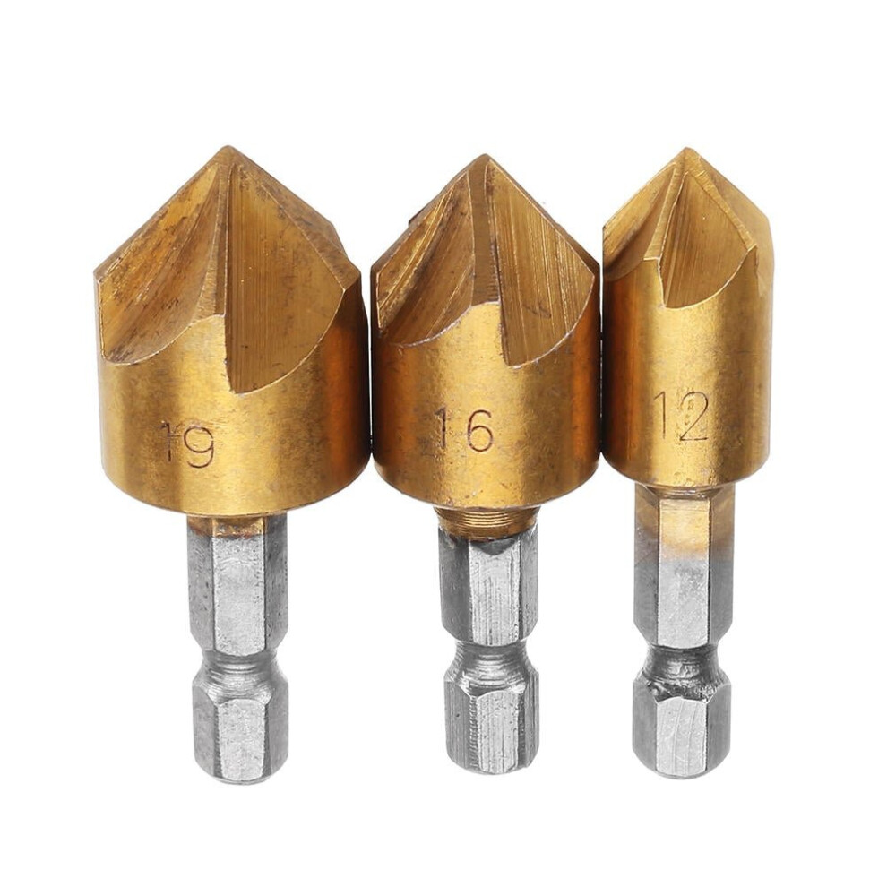 (Gold) 3pcs/Set 5 Flutes 90 Dgree Chamfer Cutter 1/4" Shank 12/16/19mm Countersink Drill Bit Kit