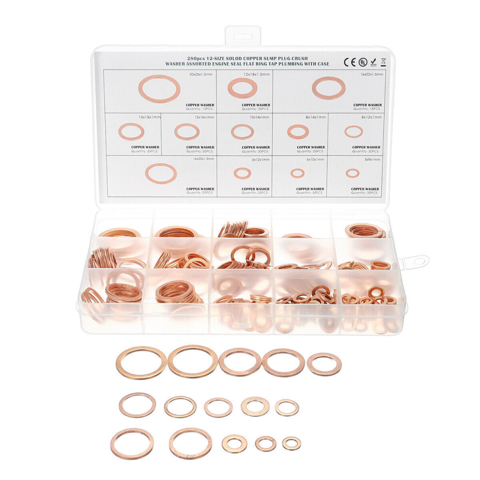 280Pcs 12 Sizes Assorted Crush Copper Washer Gasket Set Flat Ring Seal Kit Tools