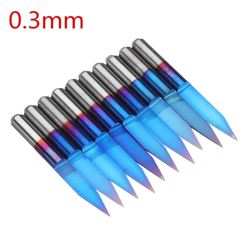 (0.3mm) 10pcs 0.1/0.2/0.3mm 25 Degree Engraving Bit Blue NANO Coated Carbide Flat Bottom PCB Engraving Bit CNC Router Tool