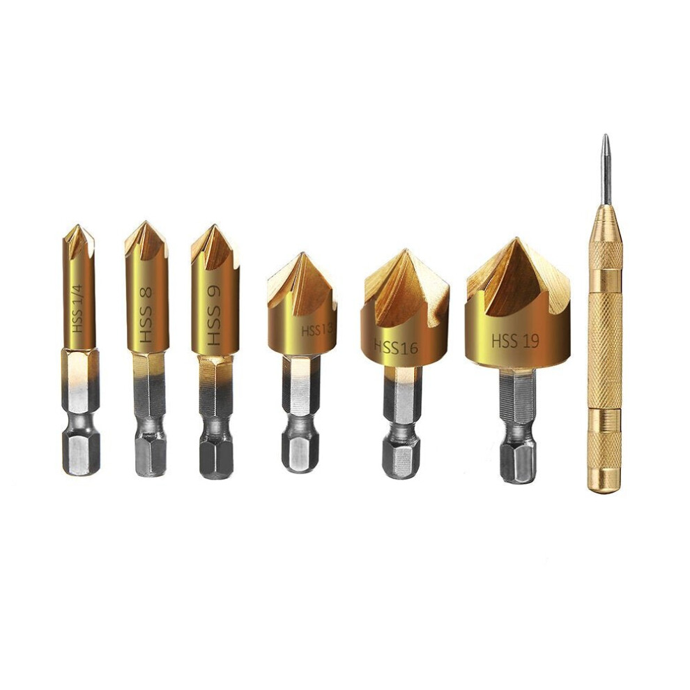 6-19mm Countersink Drill Bit with Automatic Center Pin Punch 5 Flutes Hex Shank Titanium Coated Chamfer Cutter Set