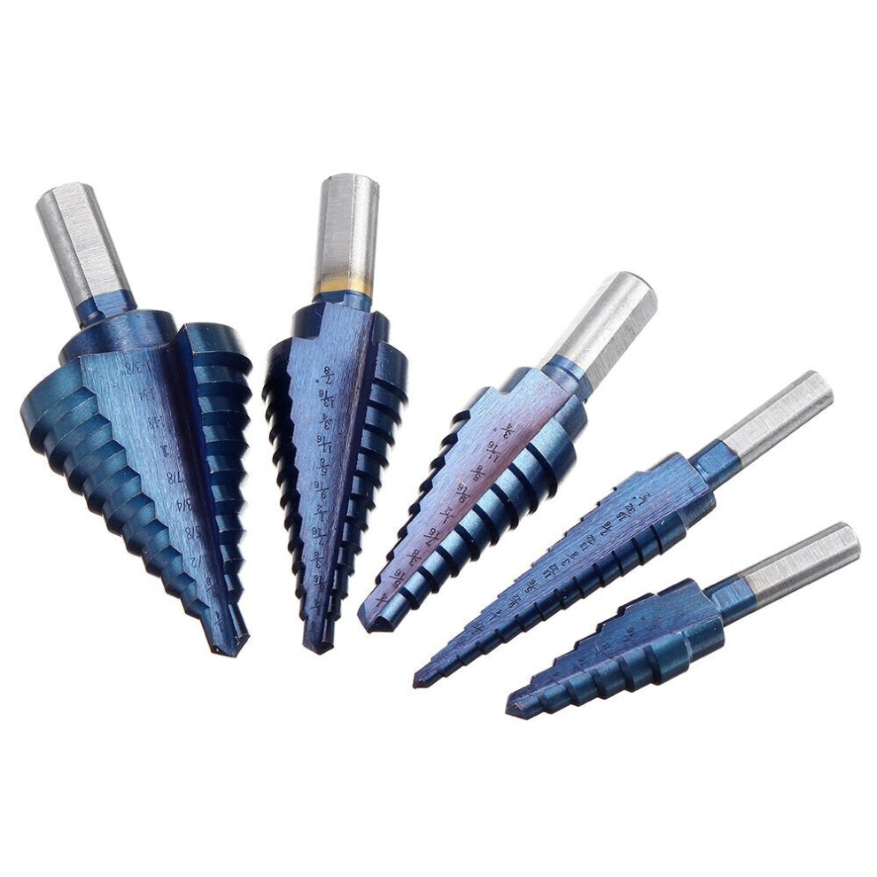 (Opp Packaging) 5pcs HSS Blue Nano Coating Step Drill Bit Set Multiple Hole 1/8 to 1-3/8 Inch 50 Sizes with Aluminum Case or Opp Bag