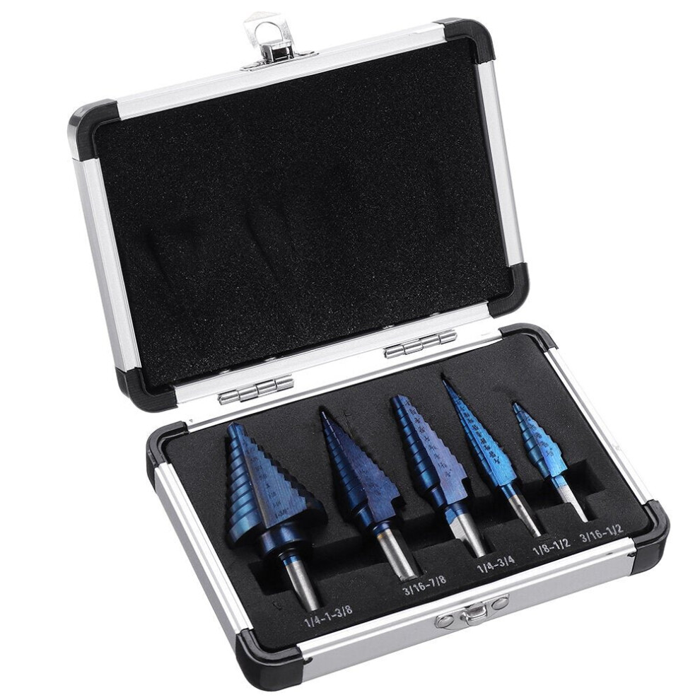 (Aluminum Box Packaging) 5pcs HSS Blue Nano Coating Step Drill Bit Set Multiple Hole 1/8 to 1-3/8 Inch 50 Sizes with Aluminum Case or Opp Bag