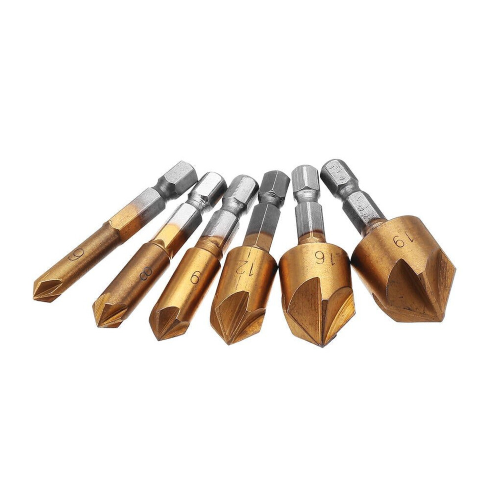 6pcs 6-19mm 82 Degree 5 Flute Titanium Chamfering Cutter Hex Shank Countersink Drill Bit