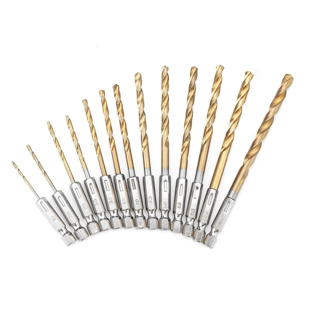 13Pcs HSS Drill Bit Titanium Coated Twist Bits Hex Shank 1.5-6.5mm High Speed Steel Set