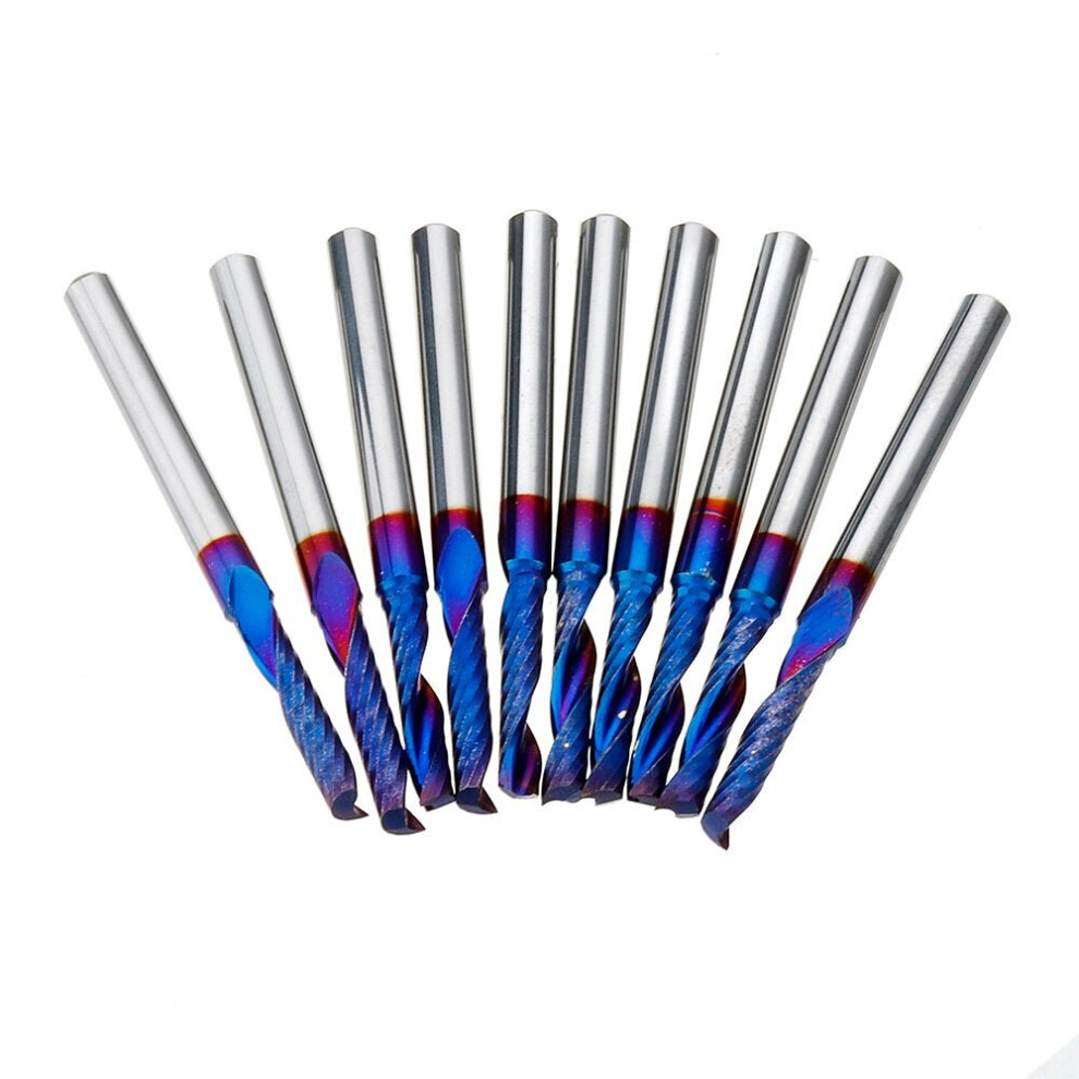 (1 flute flat nose) 10pcs 3.175mm Shank Nano Blue Coat Flat Nose End Mill CNC Router Bits 1/8 Inch Shank Spiral Upcut 2 Flute Milling Cutter