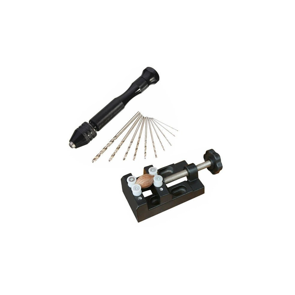 Mini Aluminum Hand Drill with Carving Bench Clamp and 10 Twist Drills