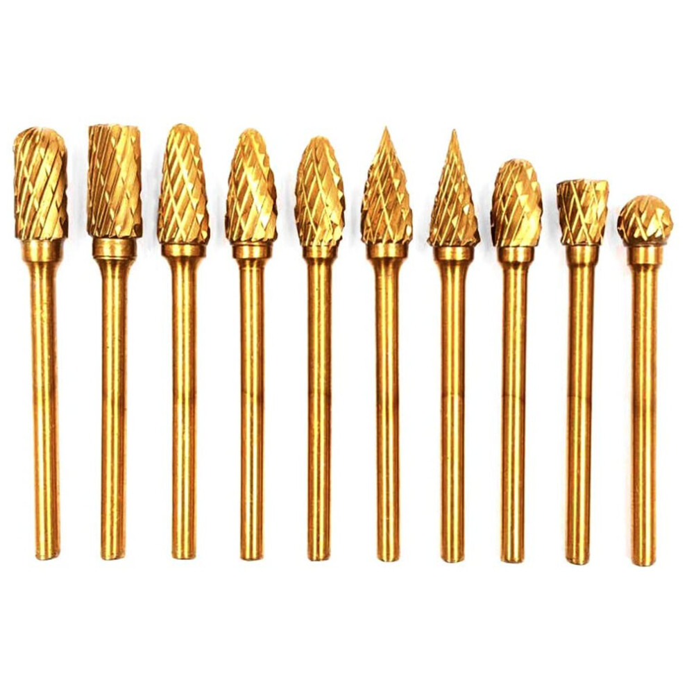 10Pcs Titanium Carbide Rotary Burr Set Double Cut Tungsten Steel Die Grinder Bits 3Mm Shank And 6Mm Head For Woodworking 6112211913667