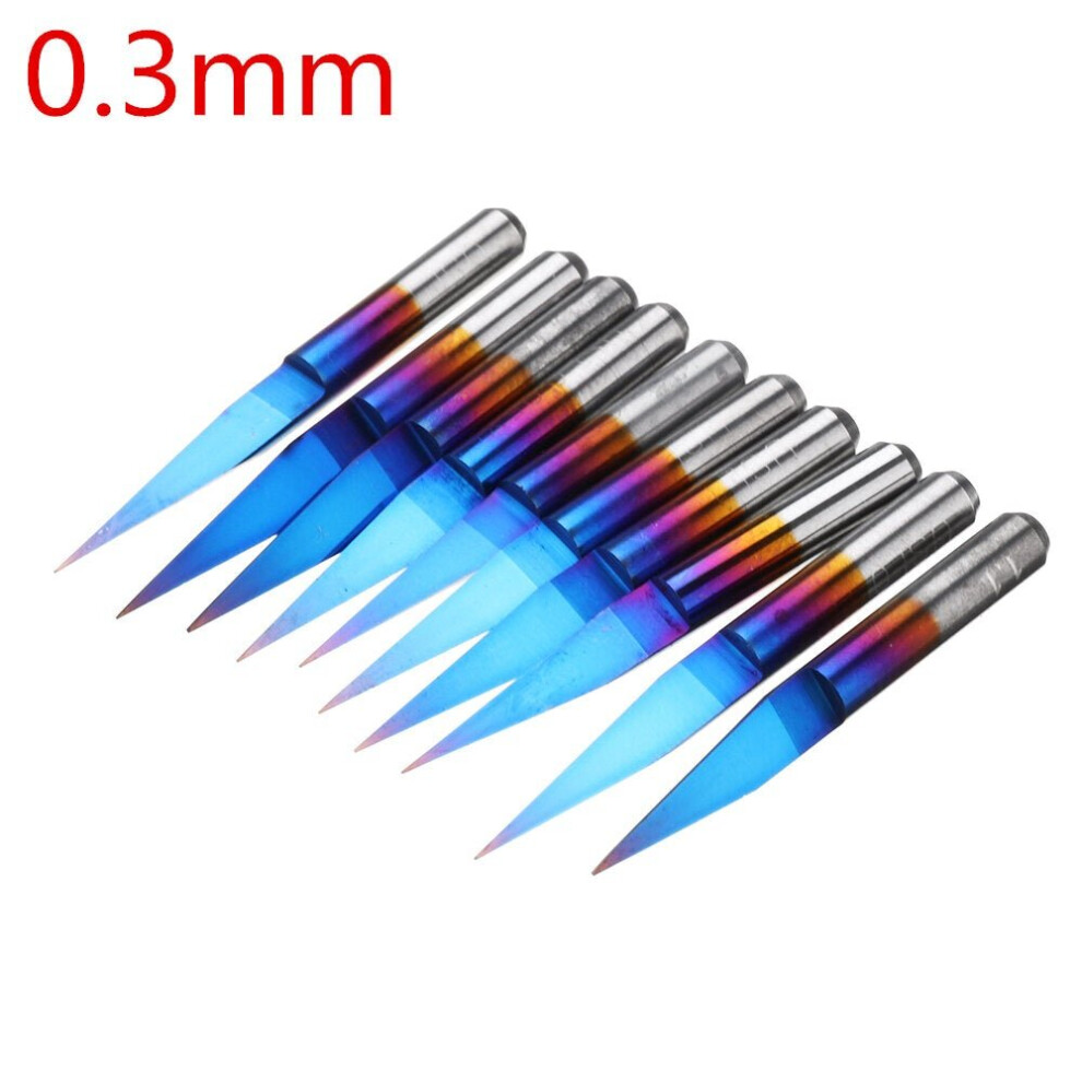 (0.3mm) 10pcs 0.1/0.2/0.3mm 15 Degree Blue Nano Coated Carbide Engraving Bit Flat Bottom PCB Engraving Bit CNC Router Tool