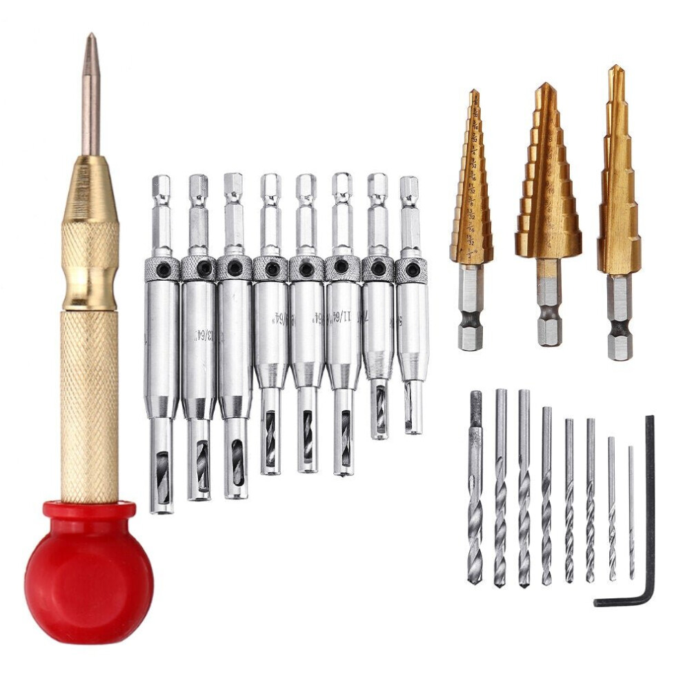 21Pcs Self-Centering Hinge Tapper Core Drill Bit Step Set with Automatic Center Punch for Adjustable Door Window Spring Loaded Metal