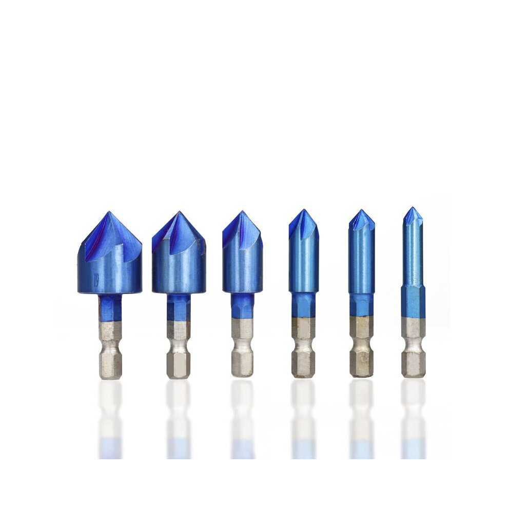 6pcs 6-19mm Countersink Drill Bit 5 Flutes Hex Shank Nano Blue Coated Chamfer Cutter Set