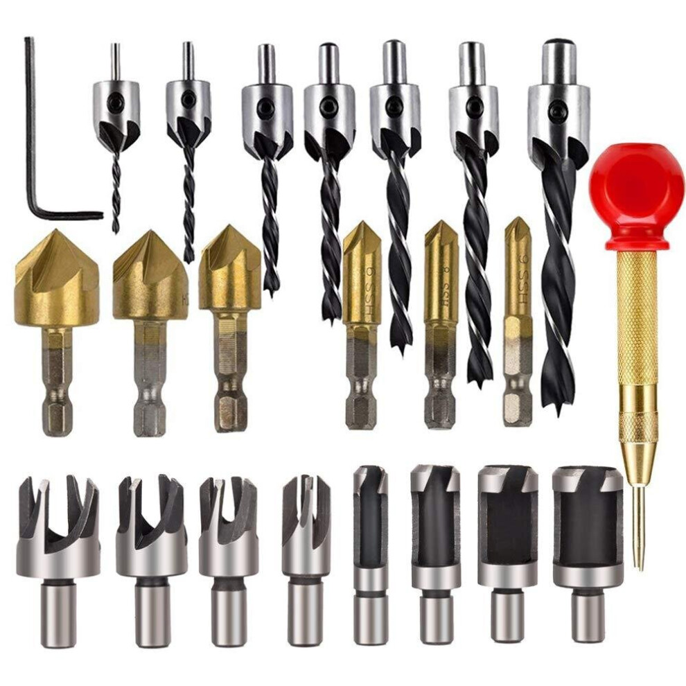 23Pcs Chamfer Countersink Drill Bit 6pcs 1/4 Inch Hex 5 Flute 90 Degree Countersink Drill Bits