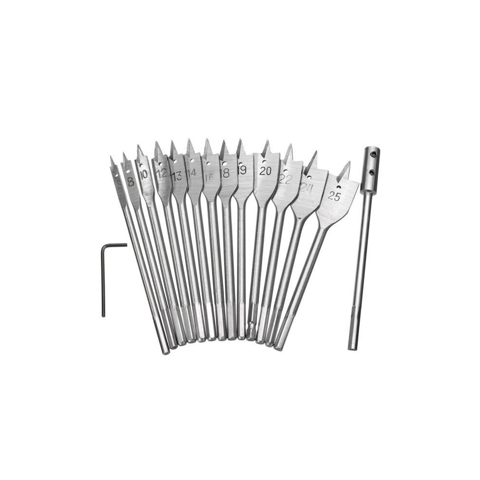 13Pcs 6-25Mm Wood Spade Flat Drill Bits With Extension Rod 1/4 Inch Hex Shank 6112211913841