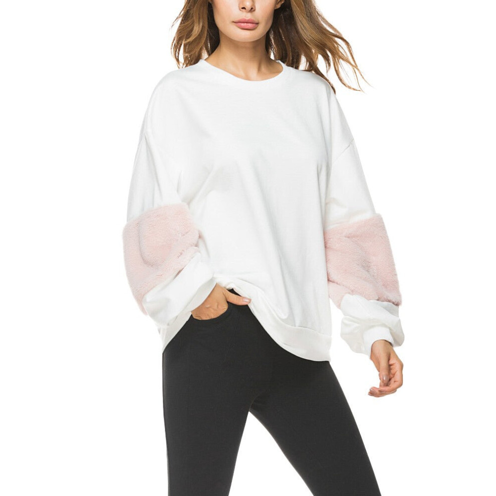 (White, M) Women Loose Sweatershirt Pullovers Lantern Long Sleeves Fur Dropped Shoulder