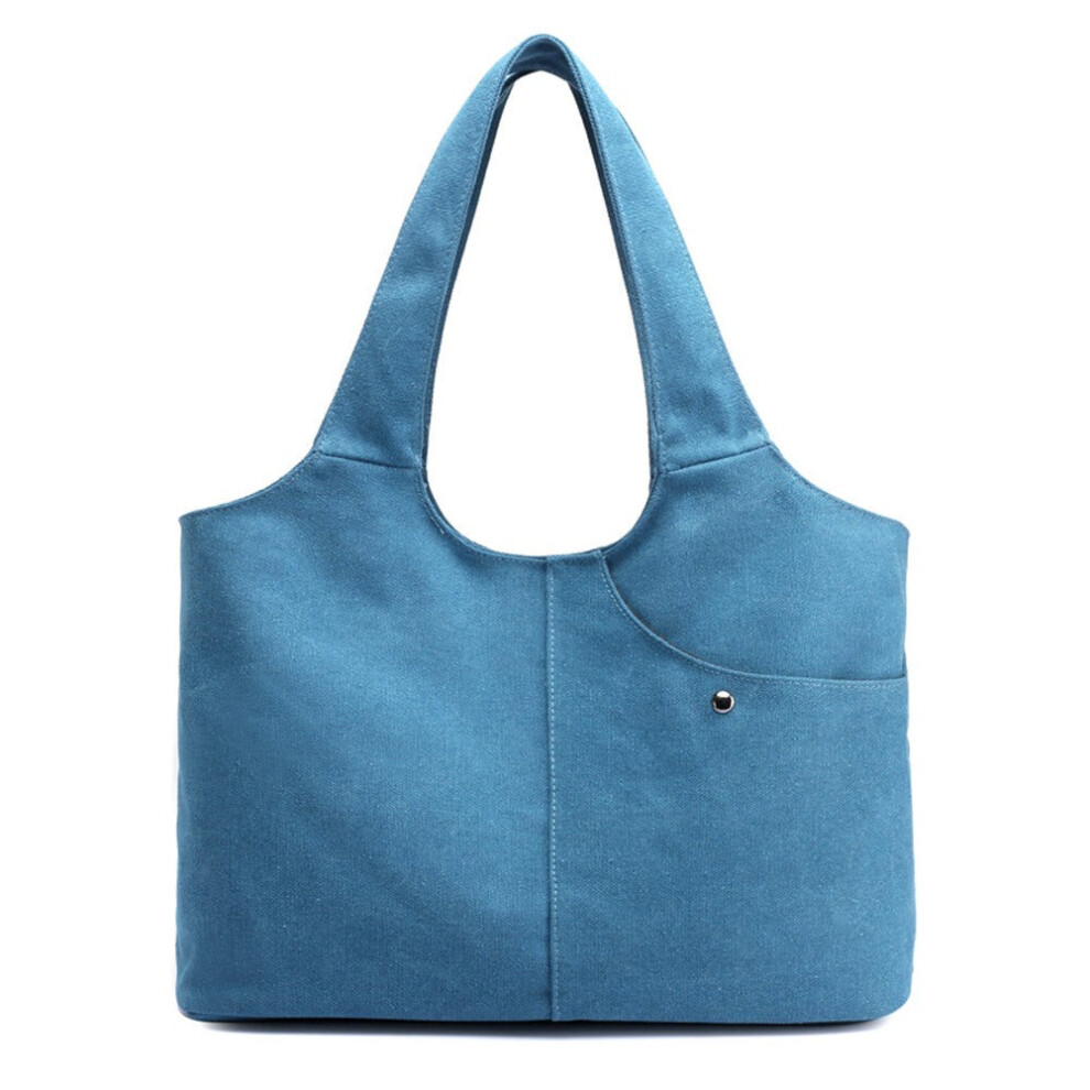 (Blue) Women Canvas Shoulder Bag Handbag Large Capacity Zipper Pockets Totes