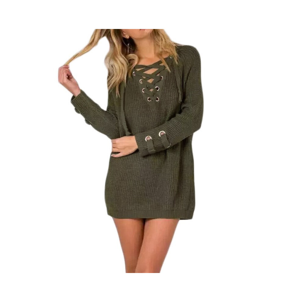 (Dark Green, XL) Women V Neck Knitted Sweater Striped Bandage Cross Ties Pullover Loose Casual Long Jumper