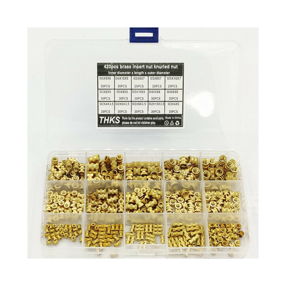 420Pcs M2 M3 M4 M5 Metric Female Thread Brass Knurled Nut Threaded Insert Embedment Nuts Assortment Kit