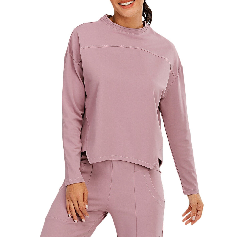 (Pink, S) Women Sweatshirt O-Neck Long Sleeves Asymmetrical Hem Quick-Dry Running Fitness Tops