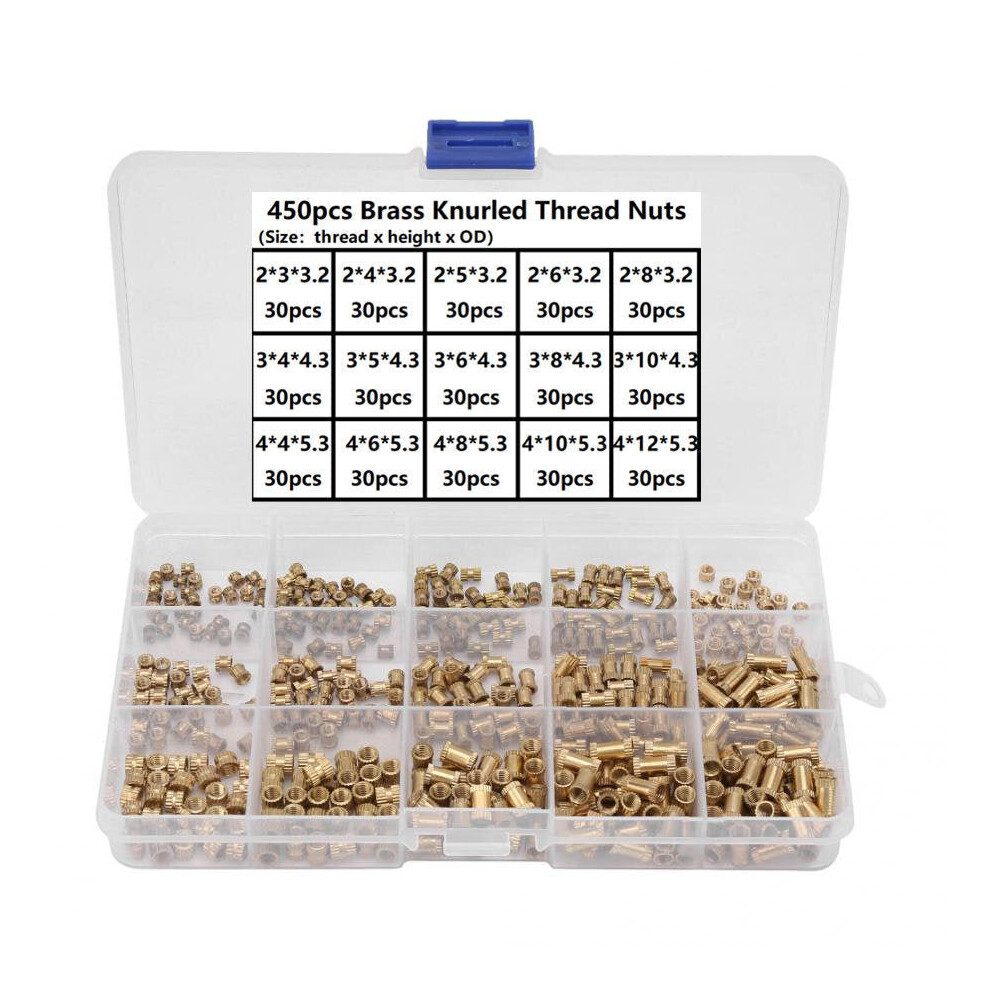 450Pcs M2 M3 M4 Brass Knurled Thread Nuts Insert Embedment Nuts Assortment Kit