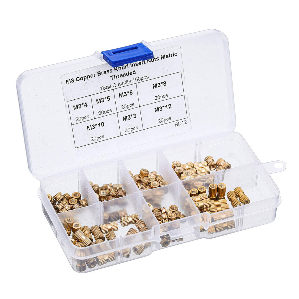 M3BN5 150Pcs M3 Knurled Brass Threaded Insert Nut Female Thread Embedment Nuts Assortment