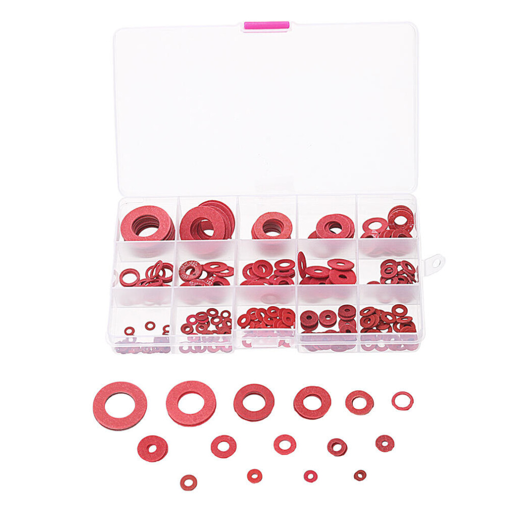 225Pcs Red Steel Paper Washer Insulation Pad Flat Gasket Spacers 15 Sizes Assortment