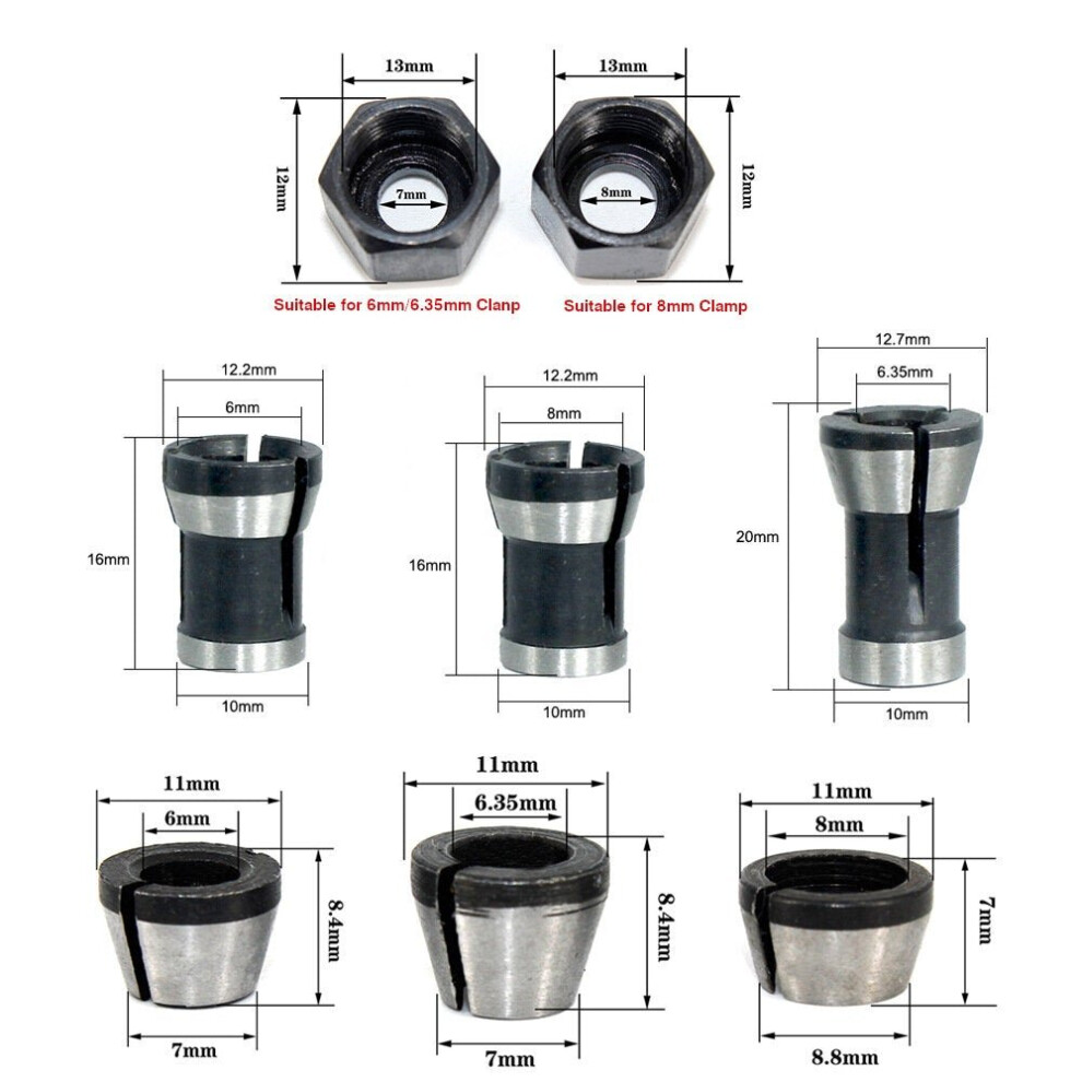 (8Pcs/Set) 6mm/6.35mm/8mm Collet Chuck Adapter Engraving Trimming Machine Electric Router Collet Chuck For Machinery Manufacturing Woodworking Cutter