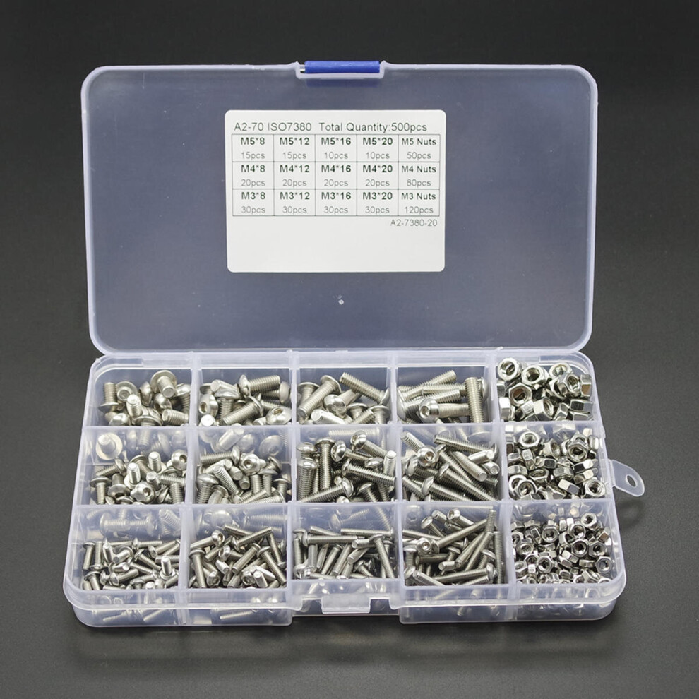 500PCS M3 M4 M5 304 Stainless Steel Hex Socket Head Cap Bolts Screw Nut Kit Set