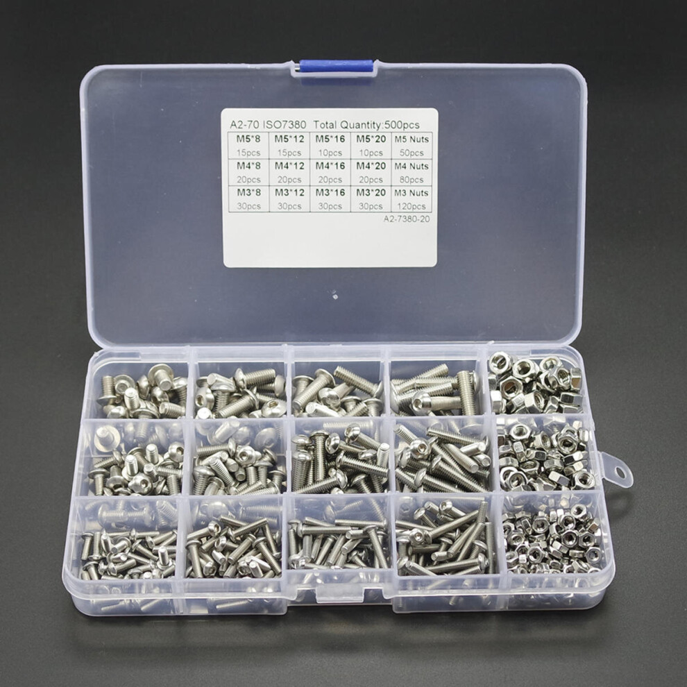 500Pcs M3 M4 M5 304 Stainless Steel Hex Socket Head Cap Bolts Screw Nut Kit Set 3654659463470