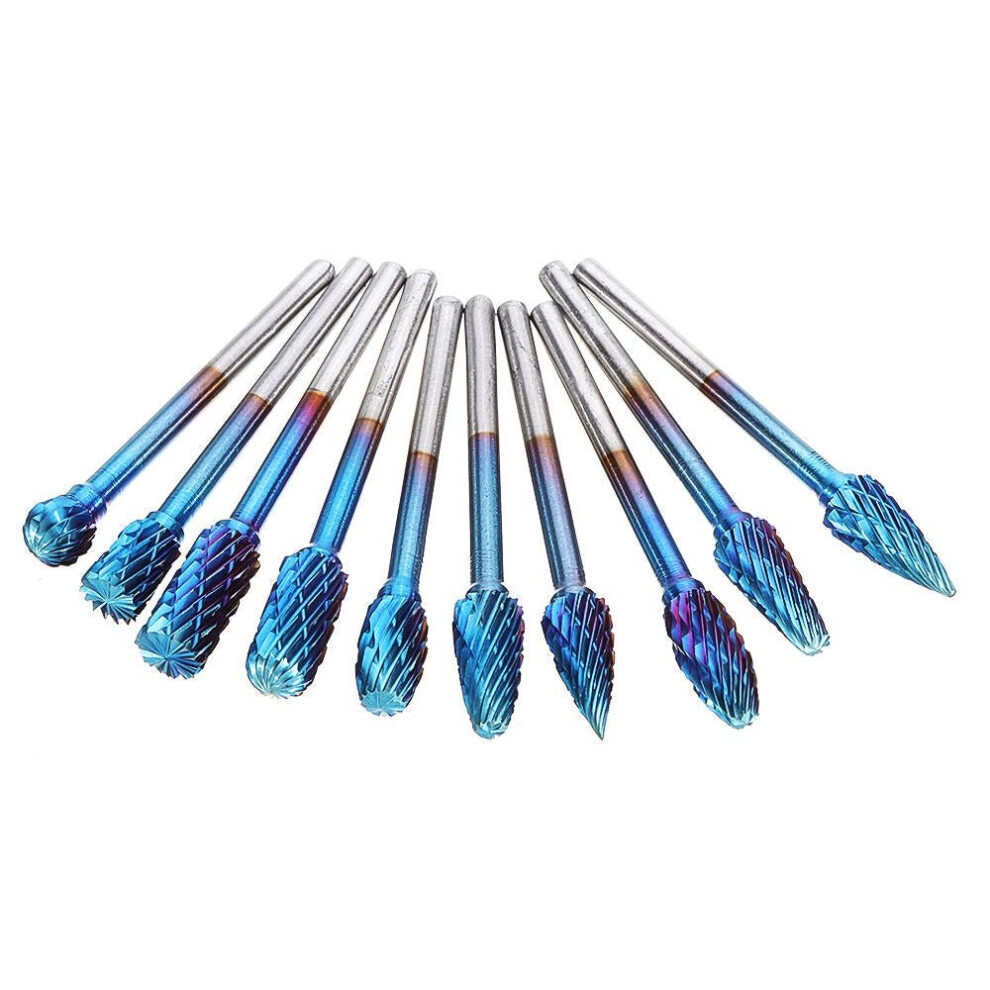 10Pcs 3mm Shank Blue Nano Tungsten Carbide Burrs 6mm Head Rotary File Set