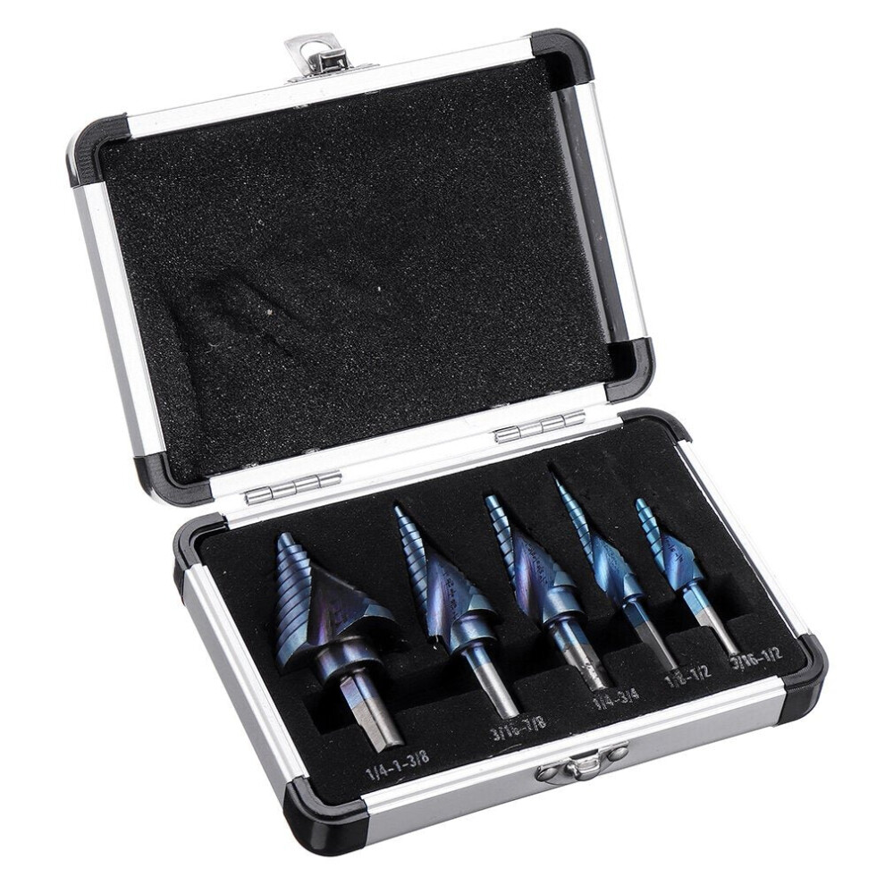 (Aluminum Box Packaging) 5pcs HSS Blue Nano Coating Step Drill Bit Set Spiral Flute Multiple Hole 1/8 to 1-3/8 Inch 50 Sizes with Aluminum Case or Opp