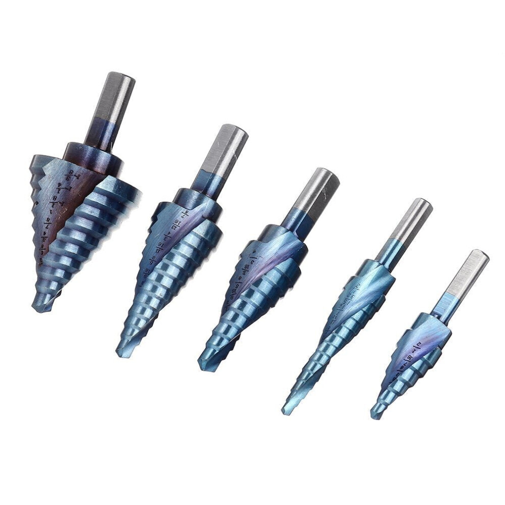 (Opp Packaging) 5pcs HSS Blue Nano Coating Step Drill Bit Set Spiral Flute Multiple Hole 1/8 to 1-3/8 Inch 50 Sizes with Aluminum Case or Opp Bag