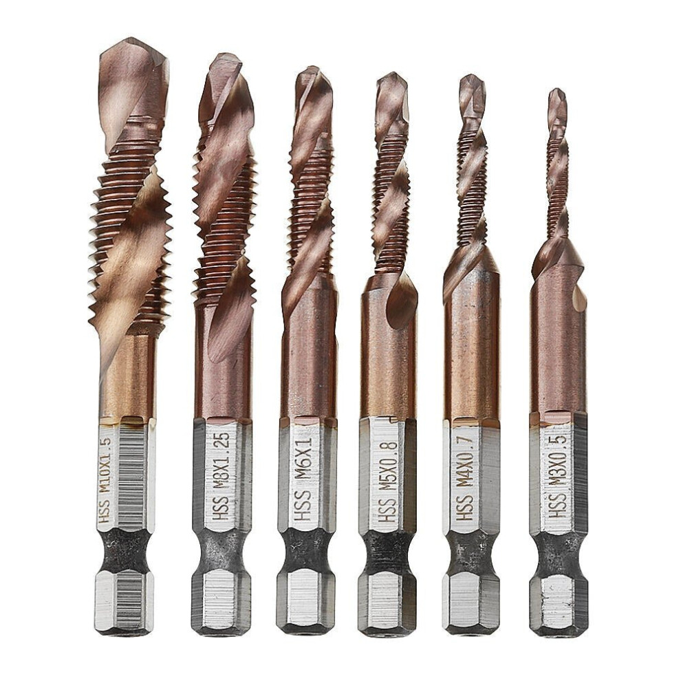 6pcs M3-M10 Combination Drill Tap Bit Set HSS 6542 AlTiN Coated Deburr Countersink Bits