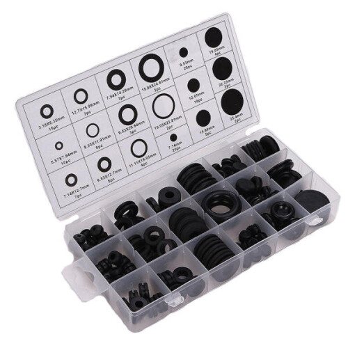 125pcs Wiring Cable Black Rubber Grommets Assortment Kit 1
