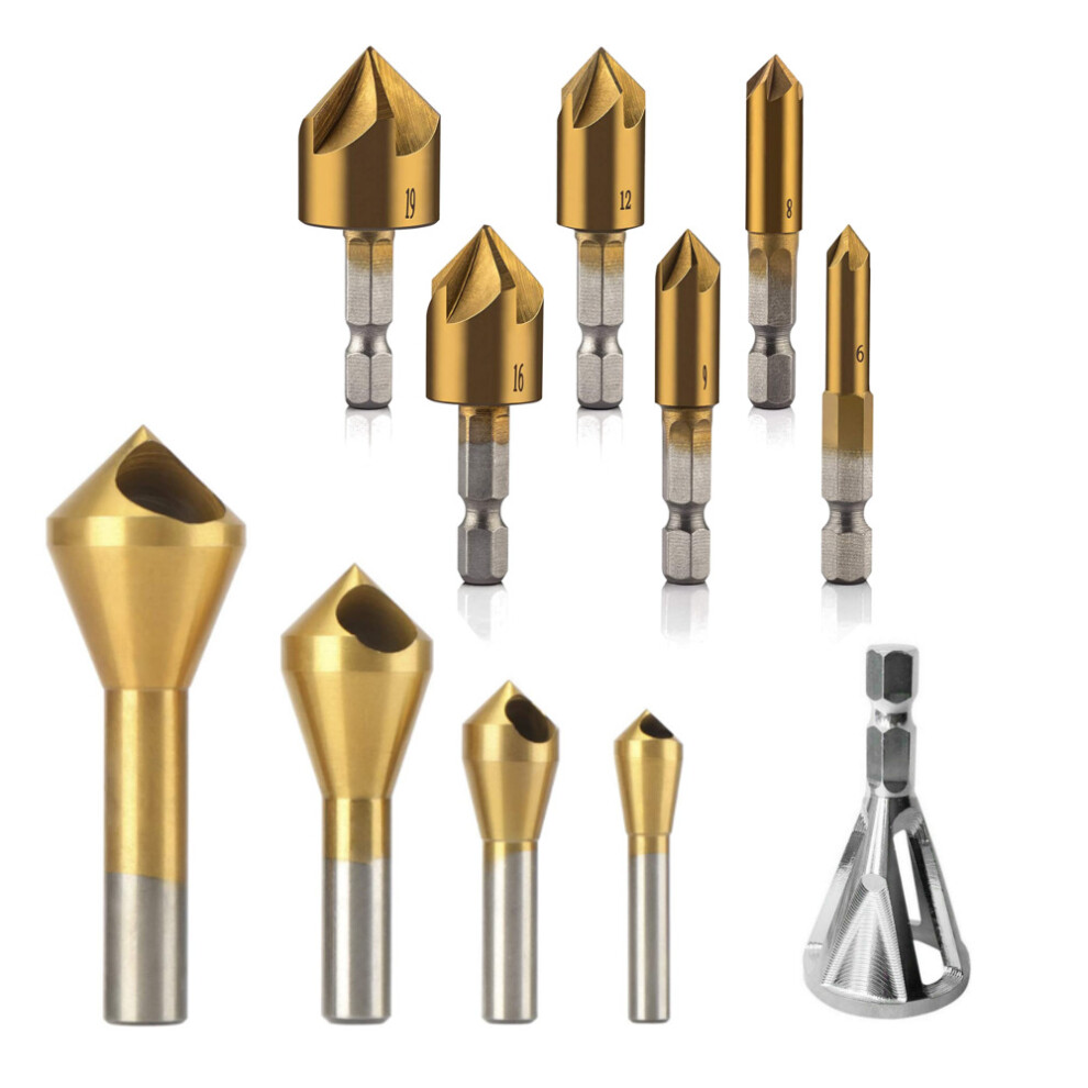 11Pcs Titanium Coating Countersink Drill Bit Set 5 Flutes Chamfer Drill Deburring Bit External Deburring Drill Bit