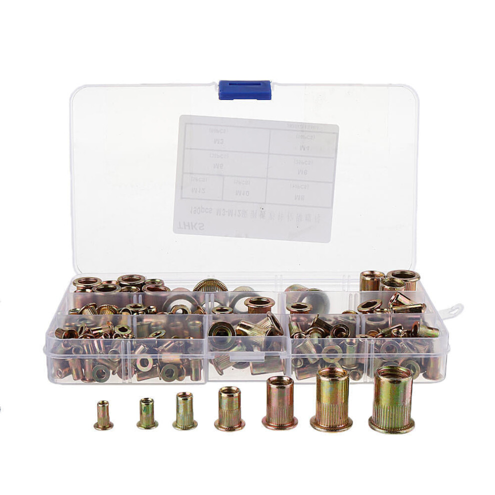 190Pcs M3/M4/M5/M6/M8/M10/12 Carbon Steel Zinc Plated Rivet Nut Threaded Countersunk Head Insert Nut Tool Kits