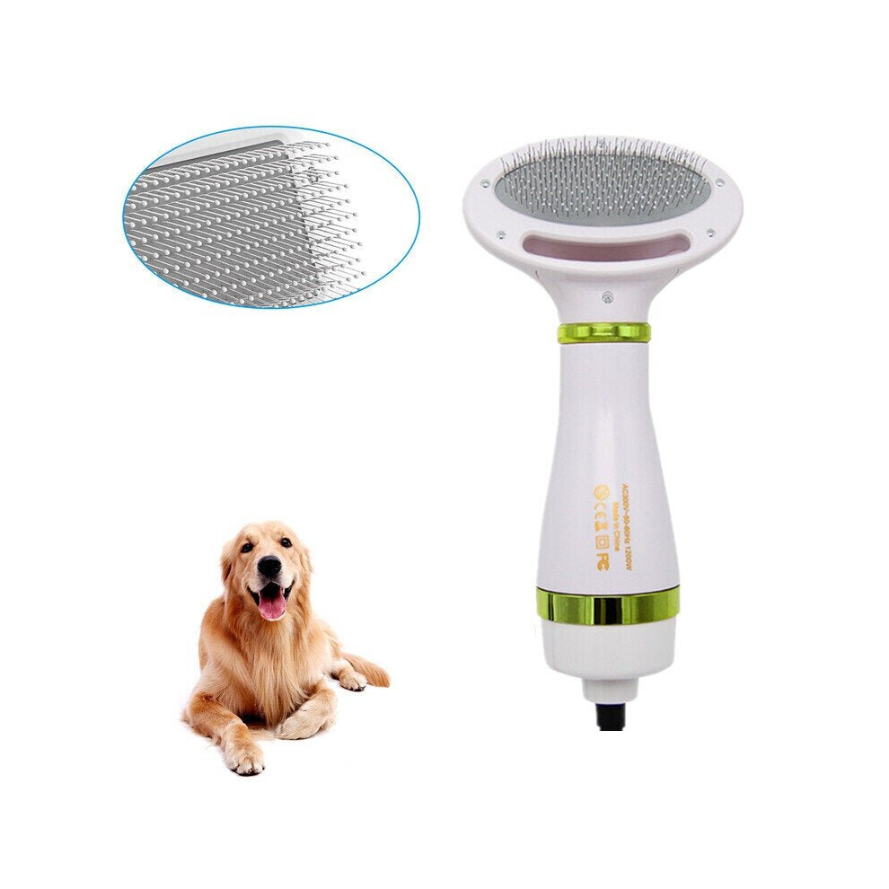 (Green, US Plug) 2 in 1 Dog Cat Pet Hair Dryer Comb Speed and Temperatures Adjustable with Low Noise Grooming Fur Blower Brush Household