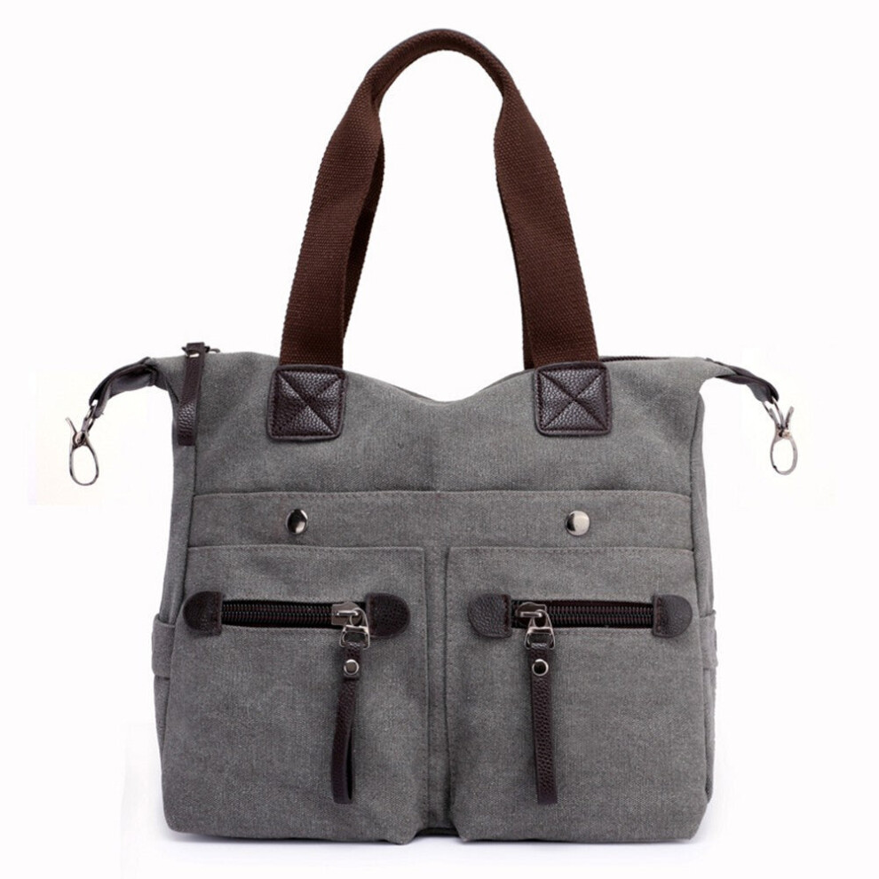 (Grey) Fashion Women Canvas Handbag Casual Shoulder Bag Pockets Large Capacity Vintage Crossbody Tote Travel Bag