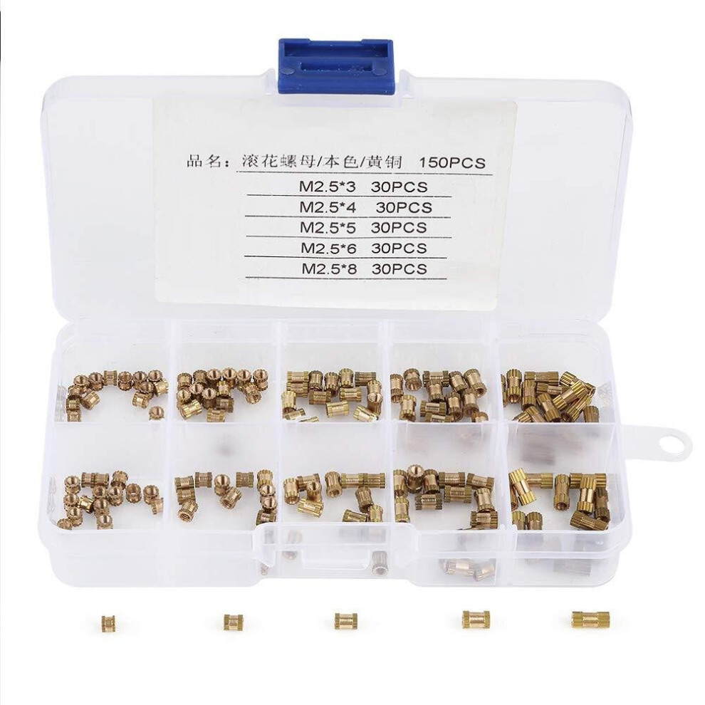 150Pcs M2.5 Brass Cylinder Knurled Nut Round Molded-in Insert Embedded Nuts Assortment Set