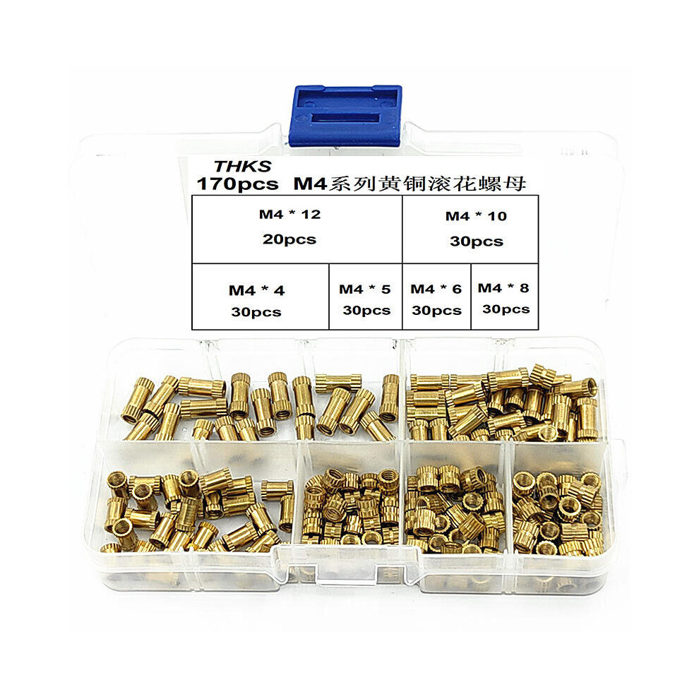 M4BN1 170Pcs M4 Brass Cylinder Knurled Nut Threaded Round Insert Embedded Nuts Assortment Set