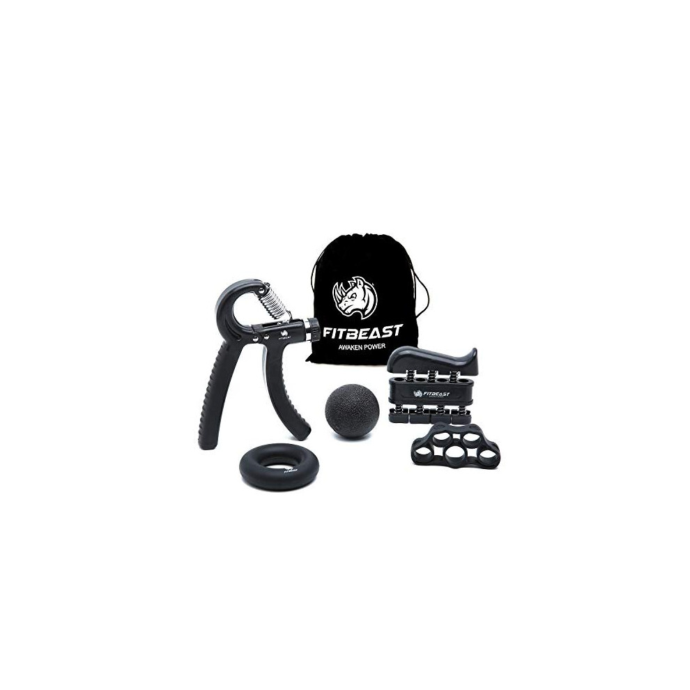 Fitbeast Hand Grip Strengthener Forearm Grip Workout Kit - 5 Pack, Adjustable Hand Gripper, Finger Exerciser, Finger Stretcher, Exercise Ring & S