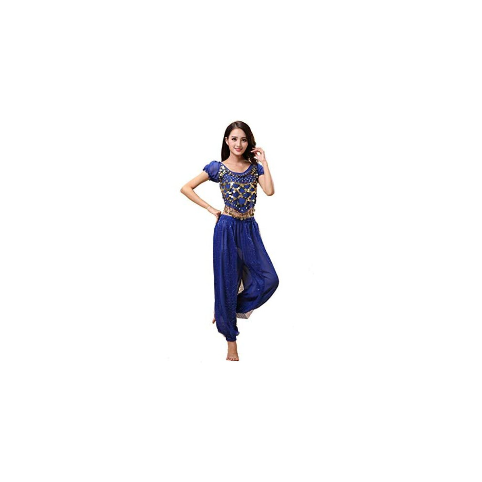 Bollywood Indian Princess Theme Belly Dance 2-Piece Costume Set Outfit for Women Girls with top and Pants (150-169cm, 30-60kg) 