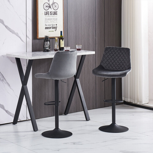 AINPECCA (GREY) 2Pcs Bar Stools Velvet Swivel Chairs Kitchen 1