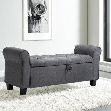 (Dark Grey) Linen Bed End Bench Ottoman Storage Blankets Box Stool with Armrest