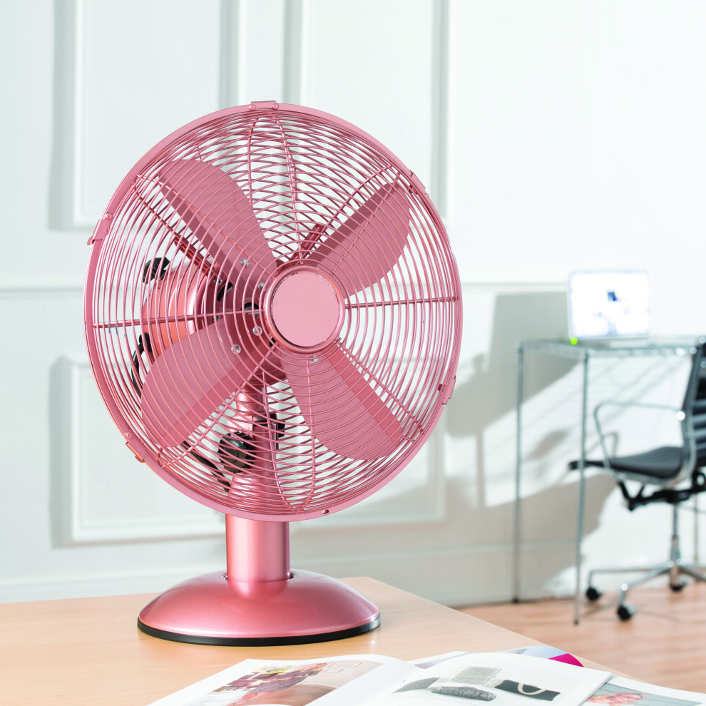 Daewoo 12" Pink Desk Fan 4 Blade Tilltable Head Oscillating 3 Speed Chrome