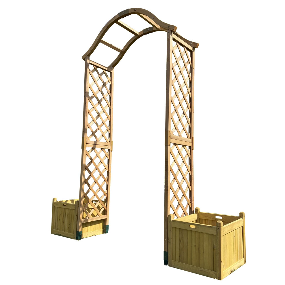 Selections Dorchester Wooden Arch With Planters & Ground Spikes - Tan Preservative, Sturdy Trellis For Climbing Plants, 2 Planters Included (Gfl103)