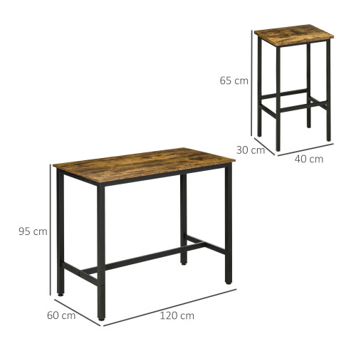 Homcom HOMCOM 3-Piece Industrial Bar Table Set, Table & 2 Chairs Rustic Brown 1